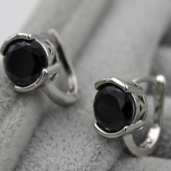 Jewelry - 18K White Gold Filled Simple Black Onyx Diamond Zircon Hoop Earrings Party Gift